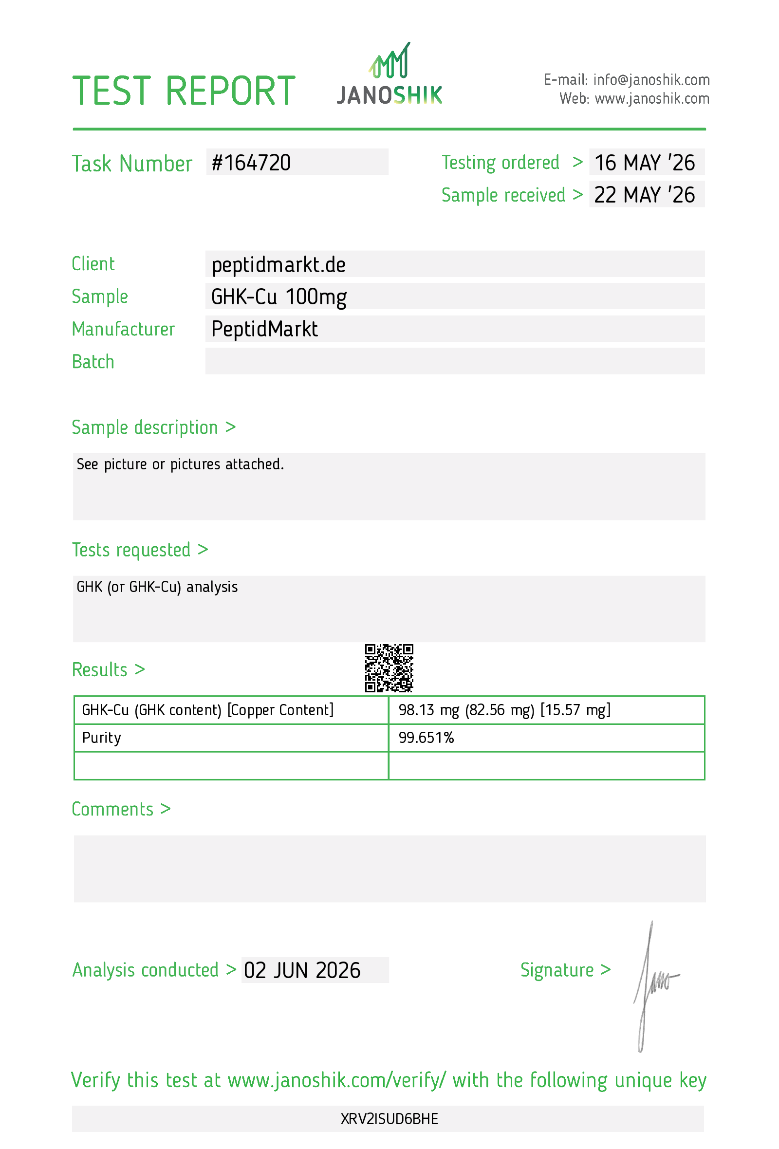 Janoshik-Laborbericht GHK-Cu, Test #164720 (100-mg-Vial), Reinheit 99,651 %